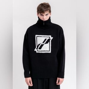 WE11DONE Zip Mock Neck Black White Textured Logo Graphic Men's Sweater Cotton, M